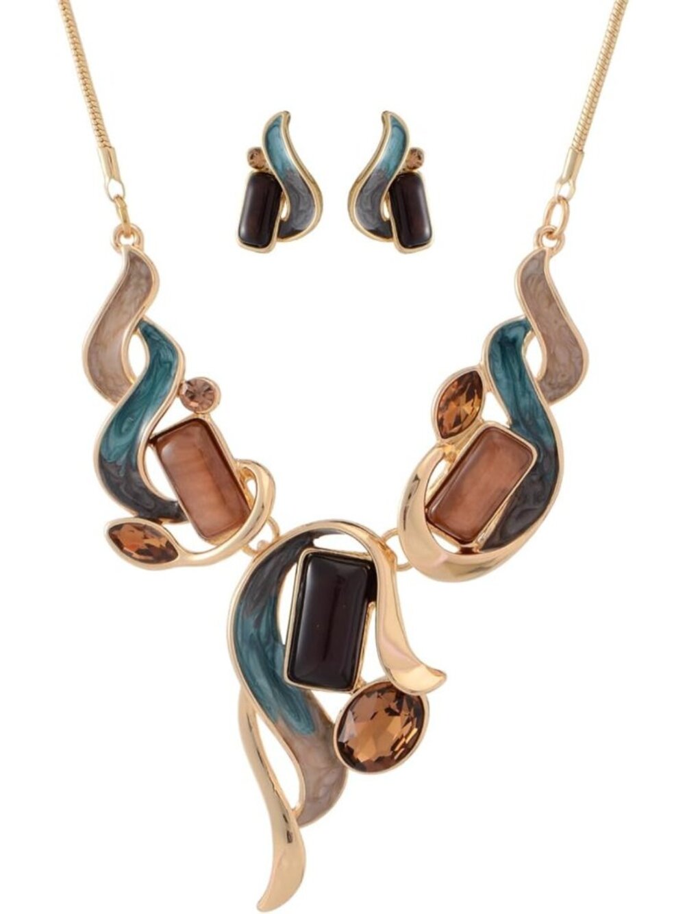Vintage Boho Chunky Statement Jewelry Set - Floral Leaf Geometric Necklace